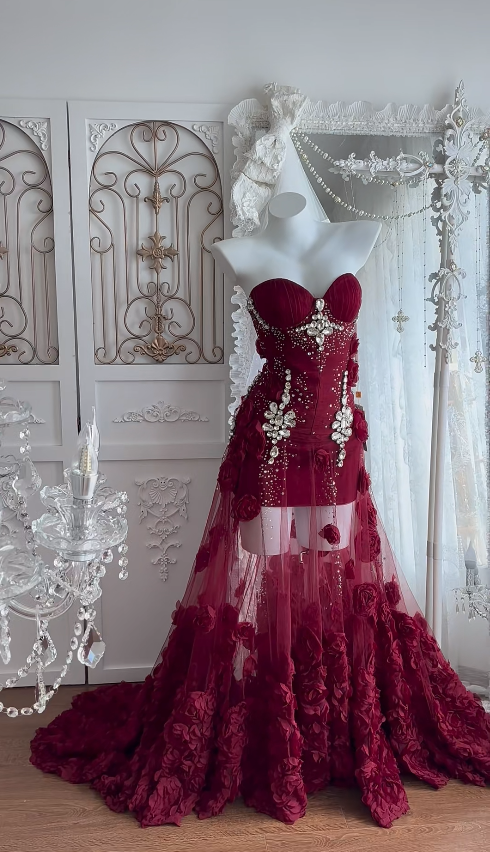 Elegantes Etuikleid aus Tüll, langes Abendkleid, burgunderrotes Abschlussballkleid ED10849