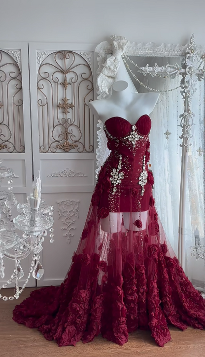 Elegantes Etuikleid aus Tüll, langes Abendkleid, burgunderrotes Abschlussballkleid ED10849