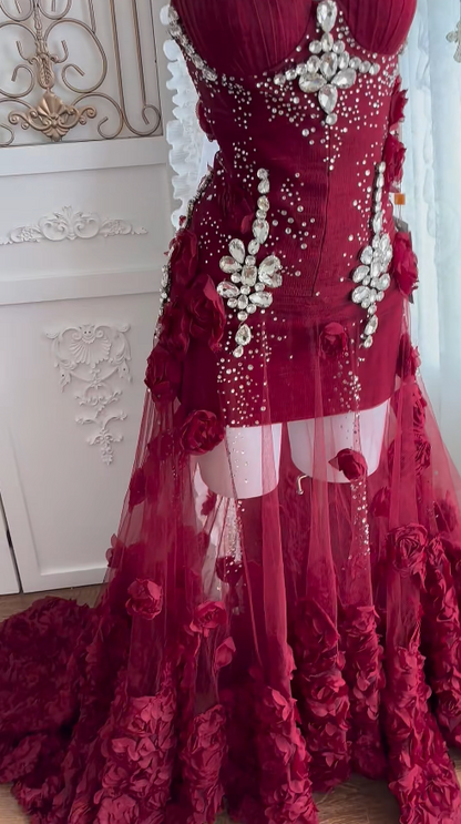 Elegantes Etuikleid aus Tüll, langes Abendkleid, burgunderrotes Abschlussballkleid ED10849