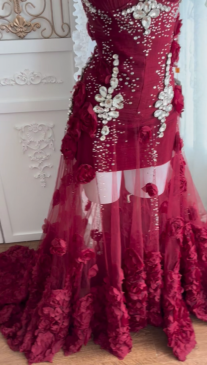 Elegantes Etuikleid aus Tüll, langes Abendkleid, burgunderrotes Abschlussballkleid ED10849