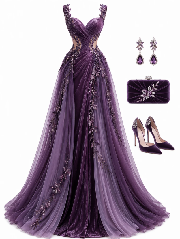 Fashion Sheath Tulle Long Evening Dress Purple Prom Dress ED10857