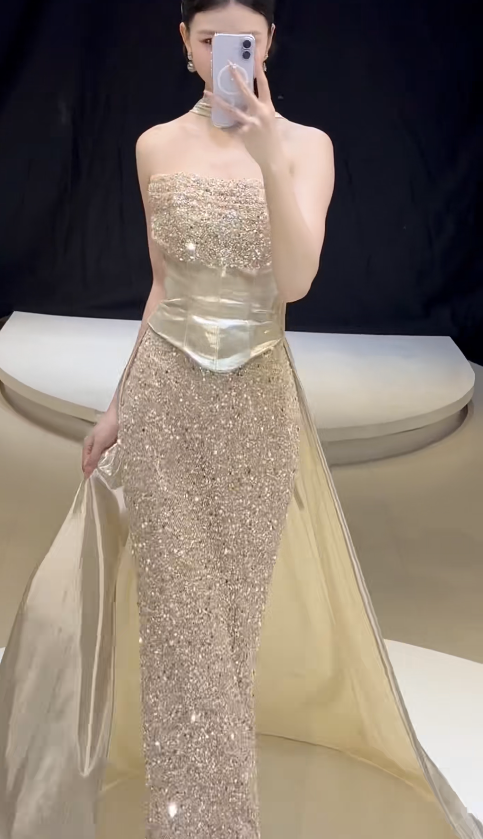 Fashion Sheath Sequins Long Evening Dress Gold Prom Dress ED10858