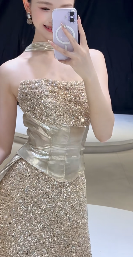 Fashion Sheath Sequins Long Evening Dress Gold Prom Dress ED10858