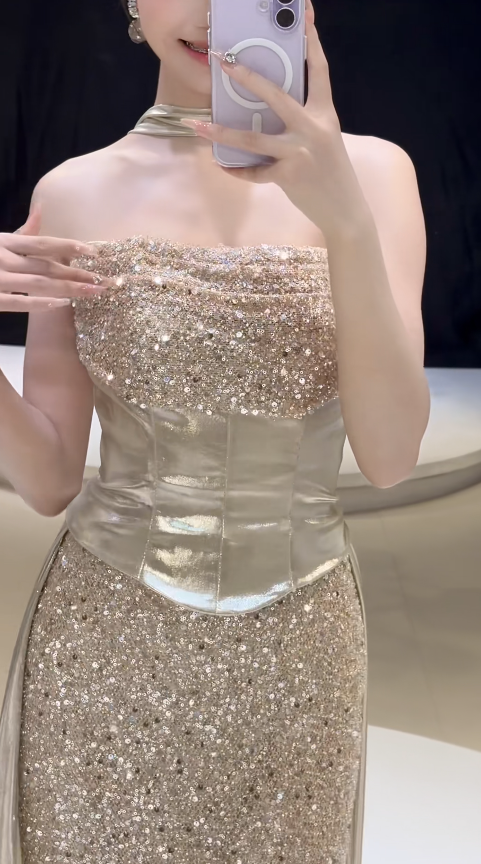 Fashion Sheath Sequins Long Evening Dress Gold Prom Dress ED10858