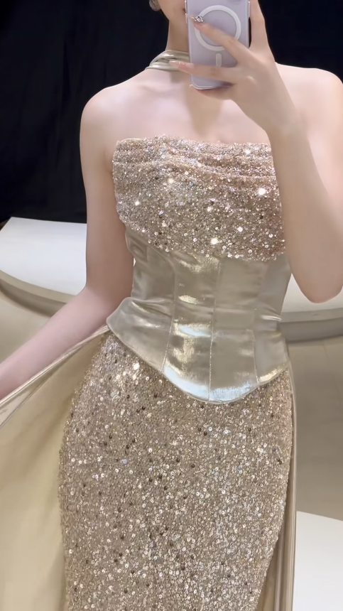 Fashion Sheath Sequins Long Evening Dress Gold Prom Dress ED10858