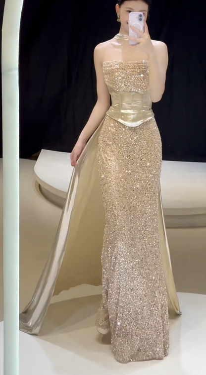 Fashion Sheath Sequins Long Evening Dress Gold Prom Dress ED10858