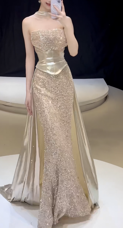 Fashion Sheath Sequins Long Evening Dress Gold Prom Dress ED10858