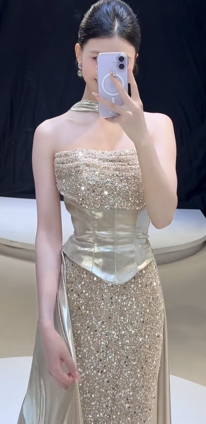 Fashion Sheath Sequins Long Evening Dress Gold Prom Dress ED10858