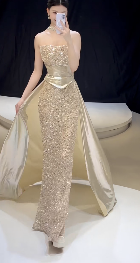 Fashion Sheath Sequins Long Evening Dress Gold Prom Dress ED10858