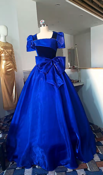Modisches A-Linien-Abendkleid aus Satin, langes blaues Ballkleid ED10862