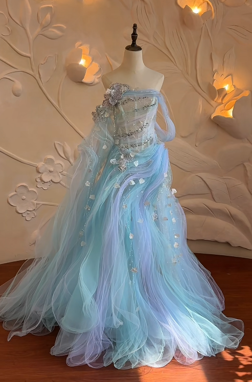 Fashion Sheath Tulle Long Evening Dress Pale Blue Prom Dress ED10863