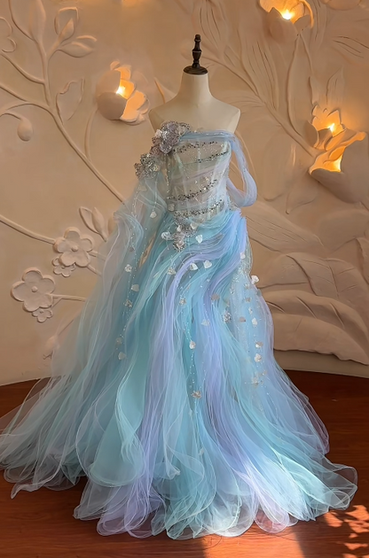 Fashion Sheath Tulle Long Evening Dress Pale Blue Prom Dress ED10863