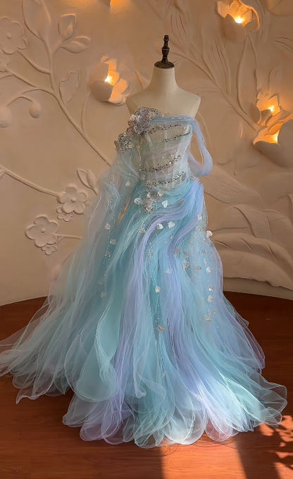 Fashion Sheath Tulle Long Evening Dress Pale Blue Prom Dress ED10863