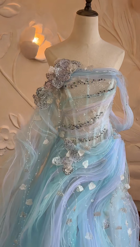 Fashion Sheath Tulle Long Evening Dress Pale Blue Prom Dress ED10863