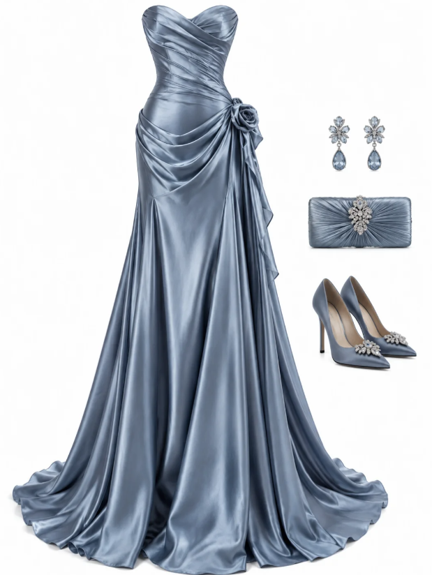 Modisches Etuikleid aus Satin, langes Abendkleid, graublaues Abschlussballkleid ED10864