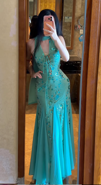 Robe de soirée longue en mousseline perlée, coupe fourreau, turquoise, robe de bal ED10866