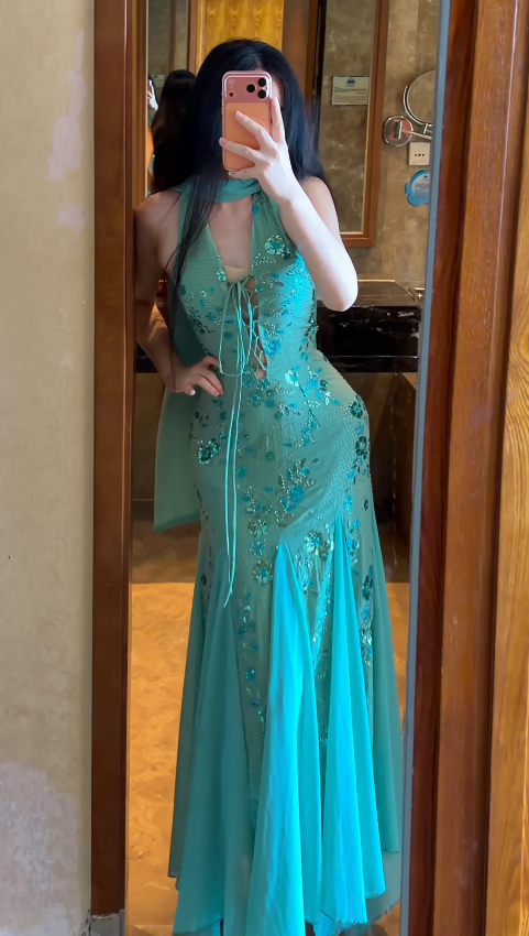 Robe de soirée longue en mousseline perlée, coupe fourreau, turquoise, robe de bal ED10866