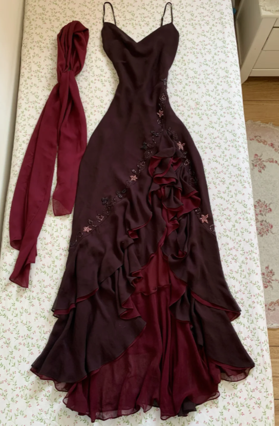 Robe de soirée longue fourreau en mousseline perlée rouge foncé, robe de bal ED10867