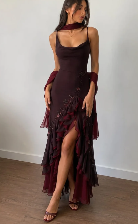 Robe de soirée longue fourreau en mousseline perlée rouge foncé, robe de bal ED10867