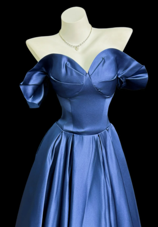 Pretty A-Line Satin Long Evening Dress Blue Prom Dress ED10868