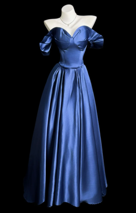 Pretty A-Line Satin Long Evening Dress Blue Prom Dress ED10868