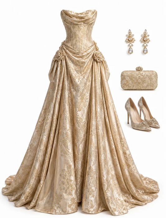 Wunderschönes, langes A-Linien-Abendkleid aus Satin, goldenes Abschlussballkleid ED10872