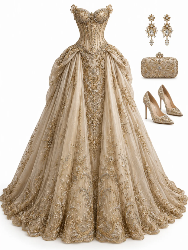 Gorgeous A-Line Tulle Long Evening Dress  Gold Prom Dress ED10873