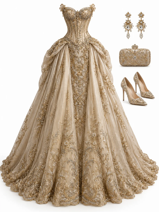 Wunderschönes langes A-Linien-Abendkleid aus Tüll, goldenes Abschlussballkleid ED10873