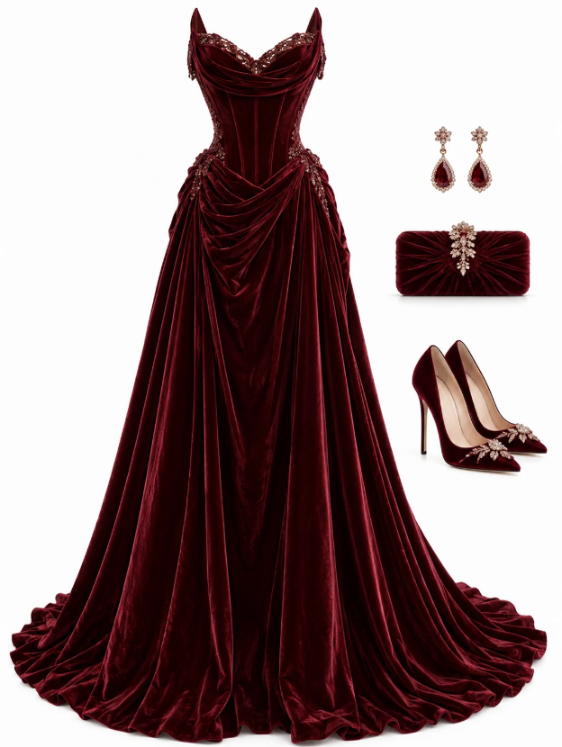 Robe de soirée longue en velours coupe trapèze, bordeaux, pour bal de promo ED10874