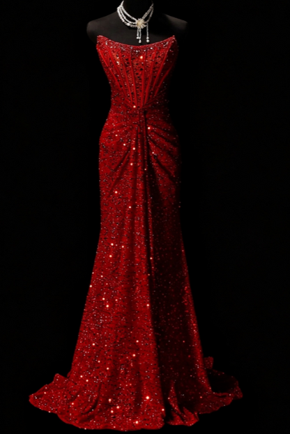 Wunderschönes langes Abendkleid aus Satin, Etuikleid, rotes Abschlussballkleid ED10876