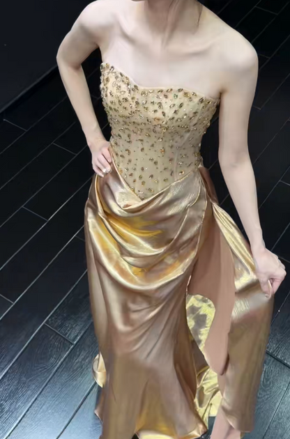 Robe de soirée longue fourreau en satin somptueuse robe de bal dorée ED10877