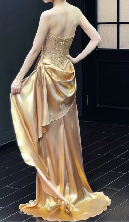 Robe de soirée longue fourreau en satin somptueuse robe de bal dorée ED10877