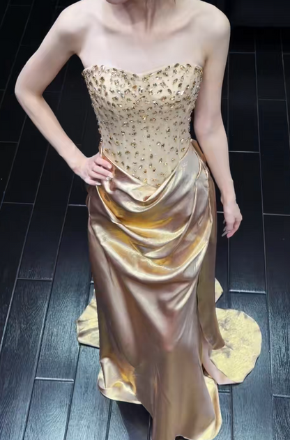 Robe de soirée longue fourreau en satin somptueuse robe de bal dorée ED10877
