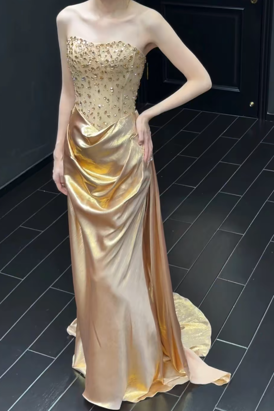 Robe de soirée longue fourreau en satin somptueuse robe de bal dorée ED10877