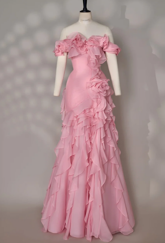 Wunderschönes langes Abendkleid aus Chiffon in Etuiform, rosa Ballkleid ED10881