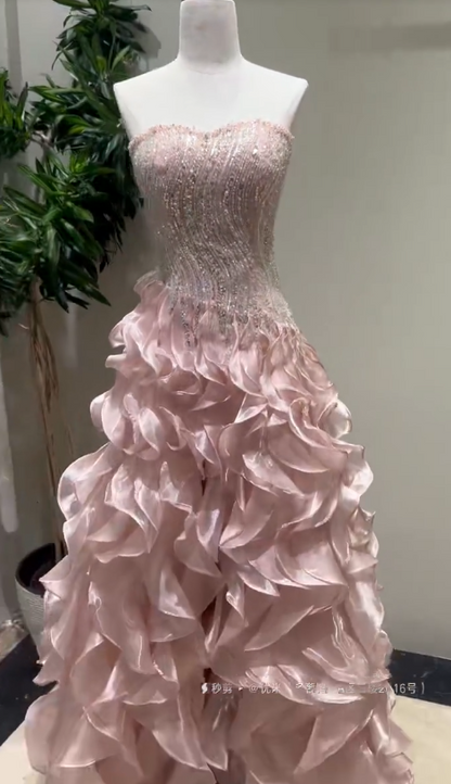 Gorgeous Sheath Tulle Long Evening Dress Pink Prom Dress ED10882