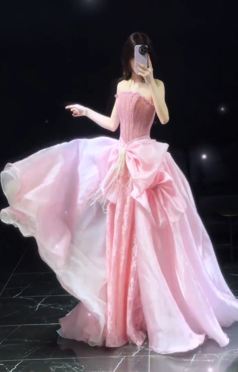 Robe de soirée longue en tulle coupe trapèze magnifique, robe de bal rose ED10884