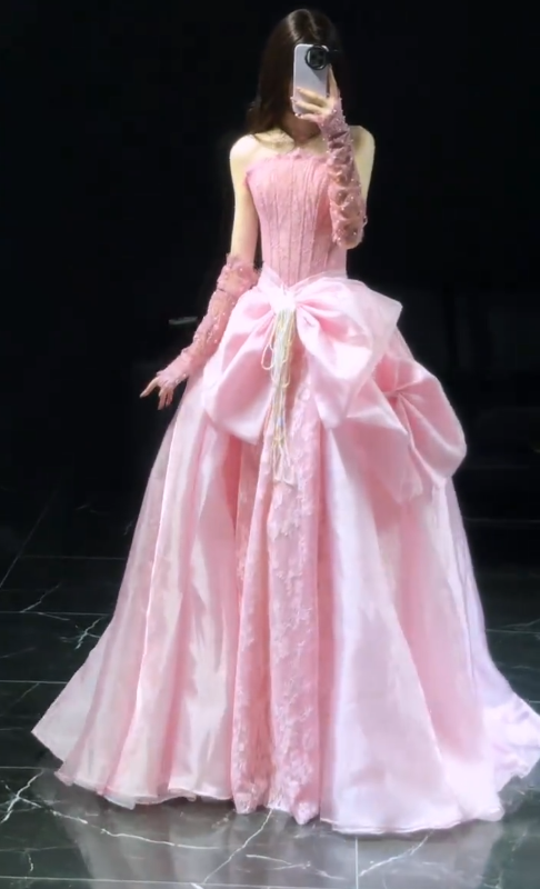 Robe de soirée longue en tulle coupe trapèze magnifique, robe de bal rose ED10884