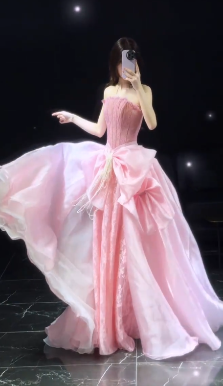 Robe de soirée longue en tulle coupe trapèze magnifique, robe de bal rose ED10884