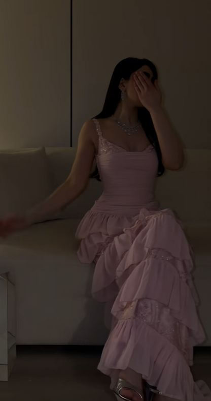 Wunderschönes langes Abendkleid aus Chiffon in Etuiform, rosa Ballkleid ED10886