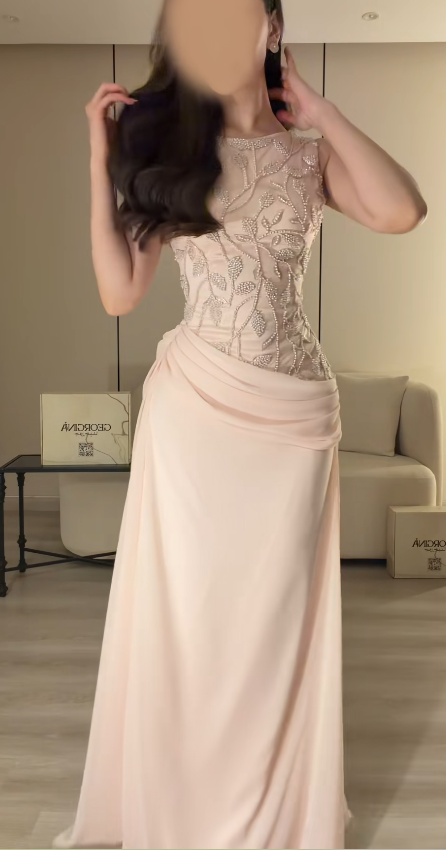 Gorgeous Sheath Beaded Chiffon Long Evening Dress Pink Prom Dress ED10887