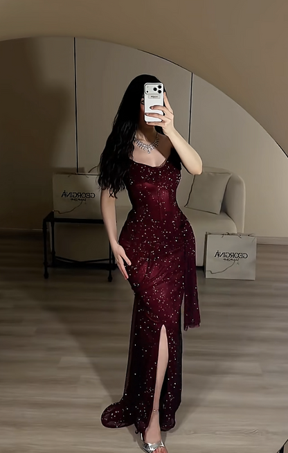 Magnifique robe de soirée longue fourreau en résille avec strass, robe de bal bordeaux ED10890