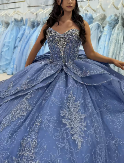 Wunderschönes Ballkleid Quinceanera Kleid Tüll Blau Sweet 16 Kleid ED10891