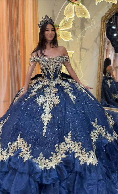 Wunderschönes Ballkleid Quinceanera-Kleid Tüll Marineblau Sweet 16 Kleid ED10892