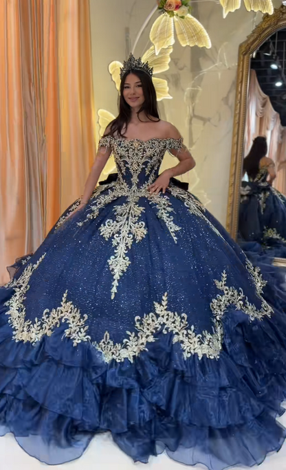 Wunderschönes Ballkleid Quinceanera-Kleid Tüll Marineblau Sweet 16 Kleid ED10892