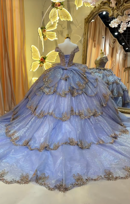 Wunderschönes Quinceañera-Ballkleid aus Tüll, blaues Sweet 16 Kleid ED10893