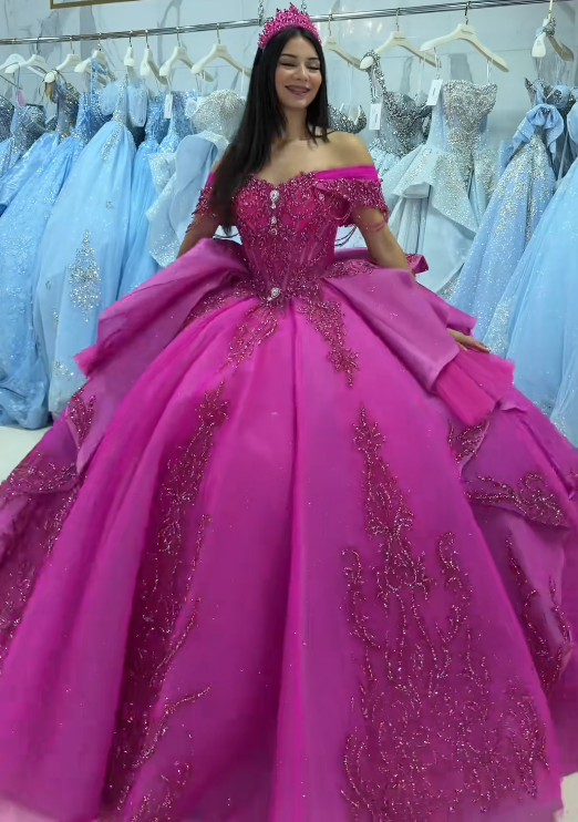 Wunderschönes Ballkleid Quinceanera Kleid Tüll Fuchsia Sweet 16 Kleid ED10896
