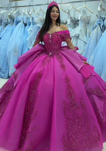 Wunderschönes Ballkleid Quinceanera Kleid Tüll Fuchsia Sweet 16 Kleid ED10896