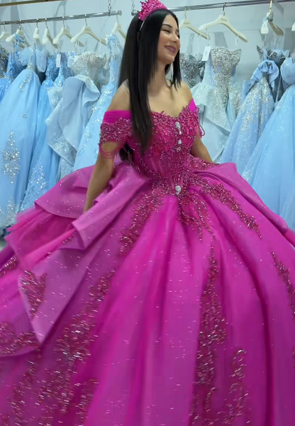 Wunderschönes Ballkleid Quinceanera Kleid Tüll Fuchsia Sweet 16 Kleid ED10896