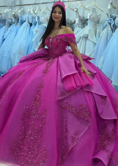 Wunderschönes Ballkleid Quinceanera Kleid Tüll Fuchsia Sweet 16 Kleid ED10896
